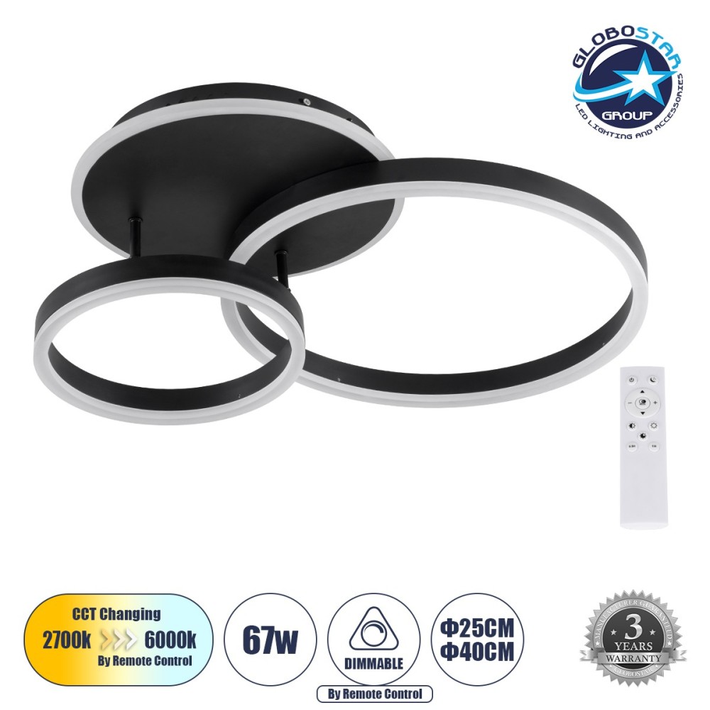 GLOBOSTAR® VENOM 61120 Μοντέρνο Φωτιστικό Οροφής LED 67W 8107lm 360° AC 220-240V IP20 Ρυθμιζόμενο Λευκό CCT με Χειριστήριο από 2700K έως 6000K Dimmable - Lumileds SMD Chip - Μαύρο Ματ - Μ60 x Π40 x Υ12.5cm - 3 Χρόνια Εγγύηση